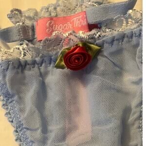 Dolls kill Sugar Thrillz Blue Lace Red Rose Lingerie Set Bra/Panties Size: XXS